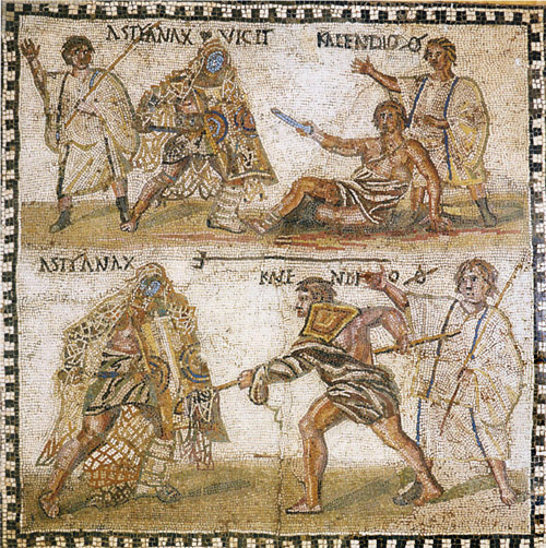 Mosaic at the National Archaeological Museum in Madrid showing a retiarius (net-fighter) named Kalendio fighting a secutor named Astyanax Mosaic at the National Archaeological Museum in Madrid showing a retiarius (net-fighter) named Kalendio fighting a secutor named Astyanax