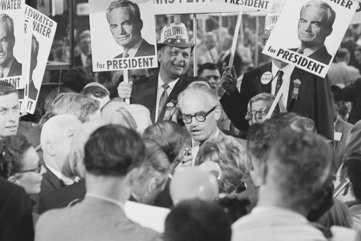 Delegates surrounding Senator Barry Goldwater during the Republican National Convention, Chicago, Illinois, 1960. Library of Congress. Public Domain. Delegates surrounding Senator Barry Goldwater during the Republican National Convention, Chicago, Illinois, 1960. Library of Congress. Public Domain.