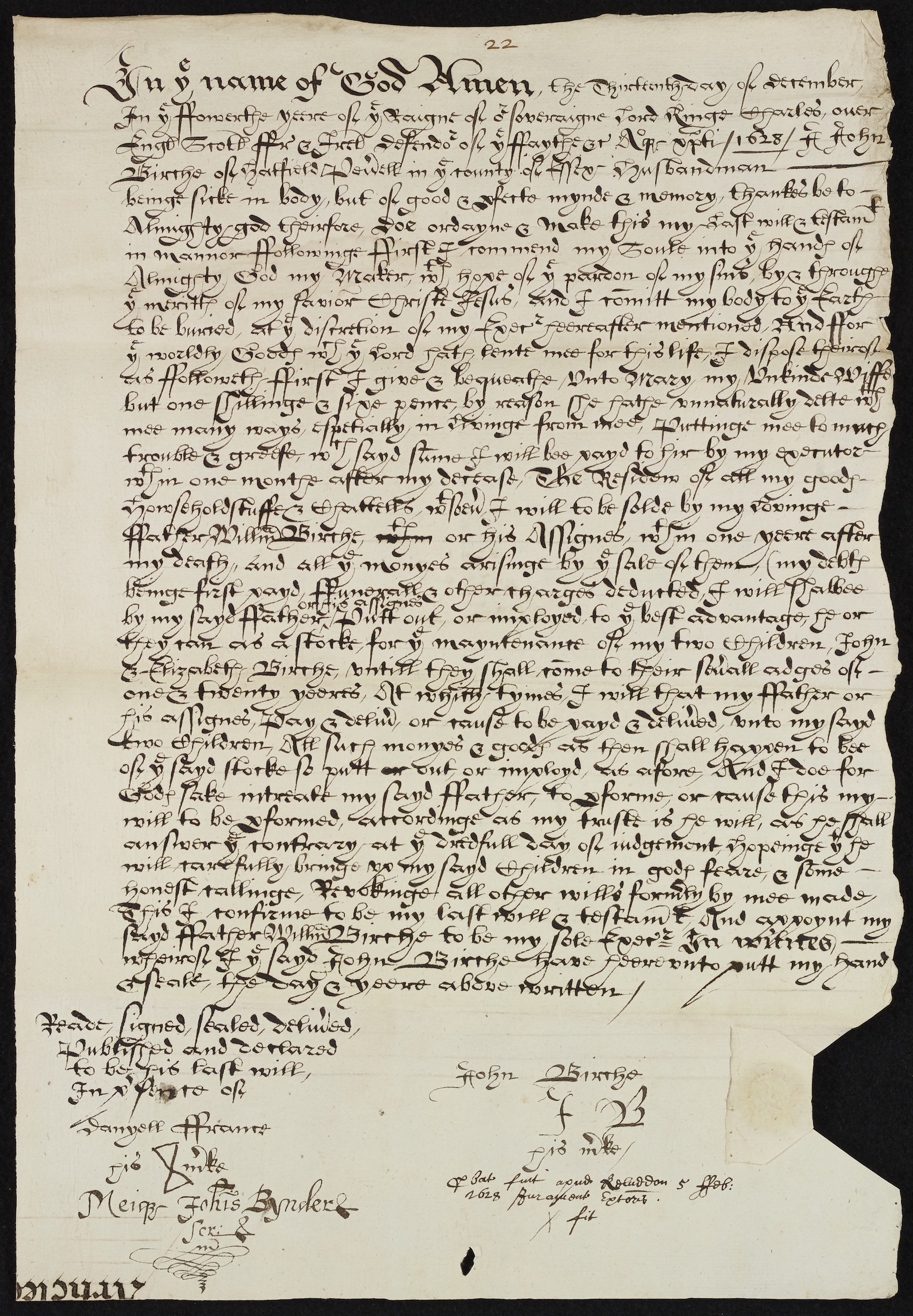 The will of John Birche of Hatfield Peverill, 1628. Essex Record Office. The will of John Birche of Hatfield Peverill, 1628. Essex Record Office.