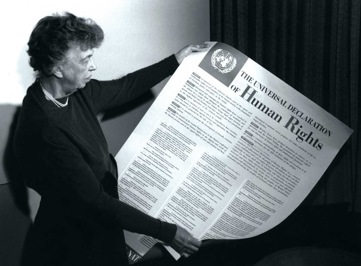 Roosevelt displays a version of the Universal Declaration of Human Rights, 1949. Image courtesy of the FDR Presidential Library & Museum. Roosevelt displays a version of the Universal Declaration of Human Rights, 1949. Image courtesy of the FDR Presidential Library & Museum.