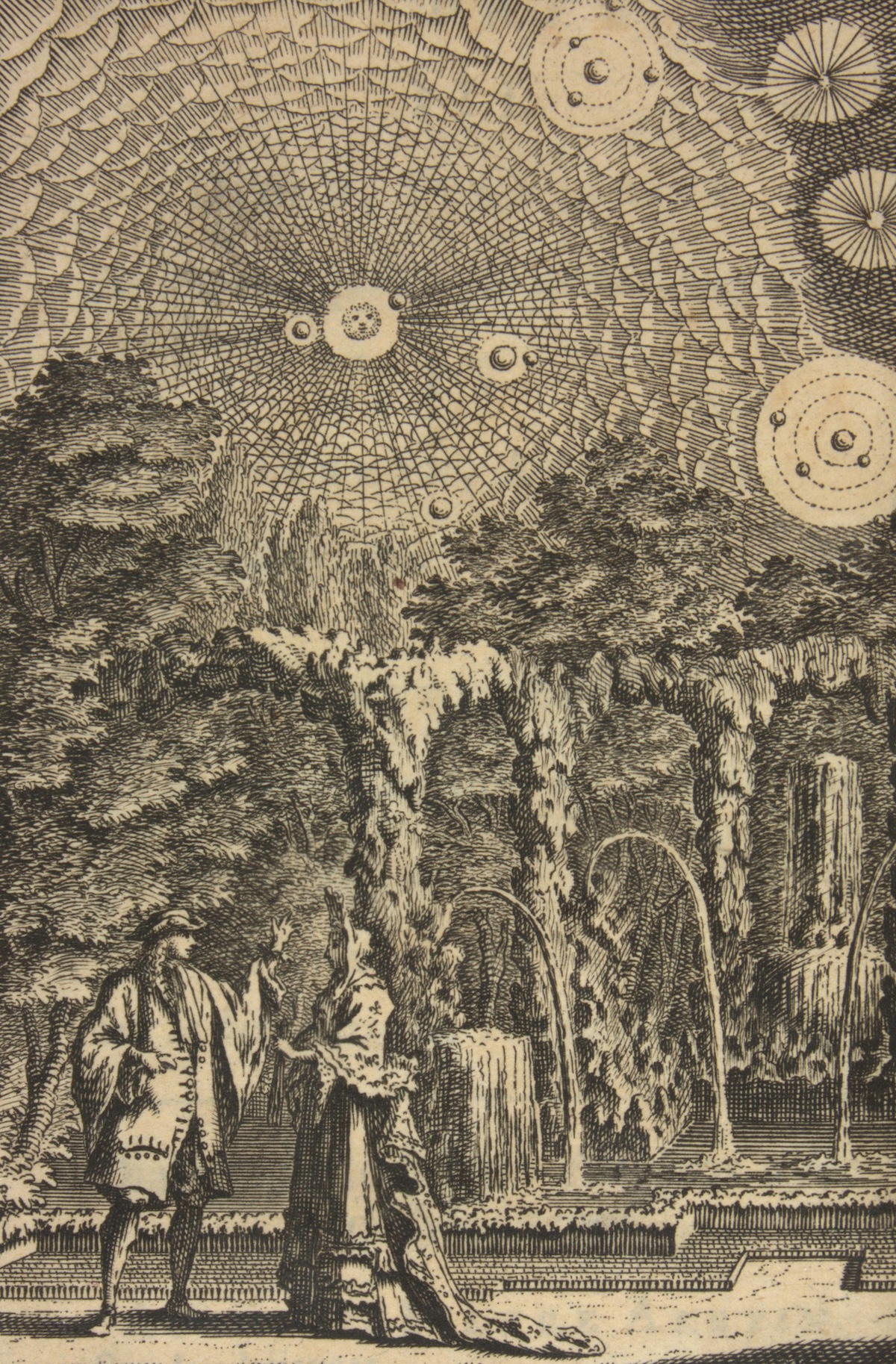 Frontispiece from Entretiens sur la pluralité des mondes, Bernard Le Bovier de Fontenelle, 1686. New York Public Library. Public Domain. Frontispiece from Entretiens sur la pluralité des mondes, Bernard Le Bovier de Fontenelle, 1686. New York Public Library. Public Domain.