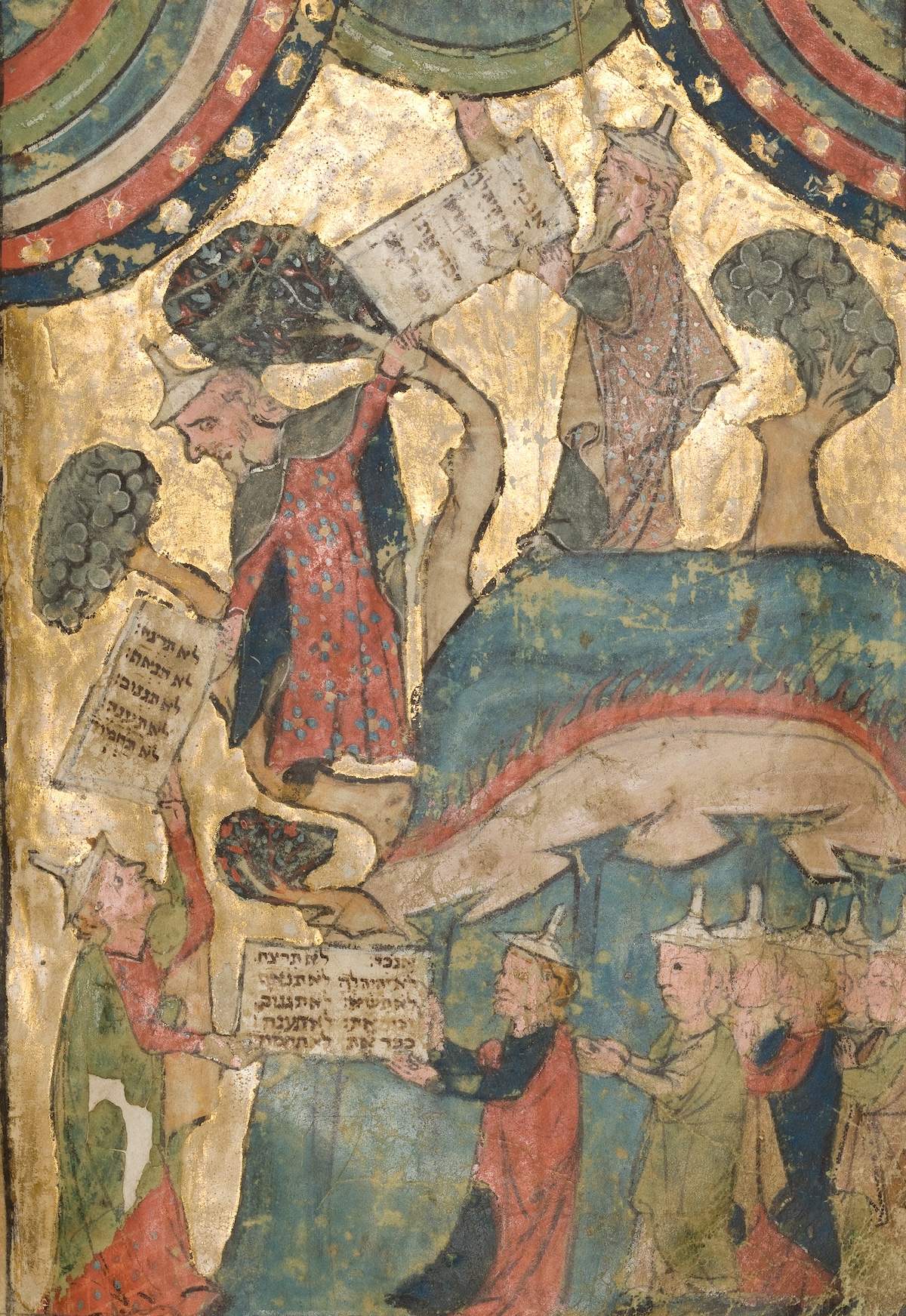 Moses receiving the Ten Commandments, from the Regensburg Pentateuch, c.1300. Israel Museum, Jerusalem/The Ridgefield Foundation, New York, in memory of Henry J. and Erna D. Leir/Bridgeman Images. Moses receiving the Ten Commandments, from the Regensburg Pentateuch, c.1300. Israel Museum, Jerusalem/The Ridgefield Foundation, New York, in memory of Henry J. and Erna D. Leir/Bridgeman Images.