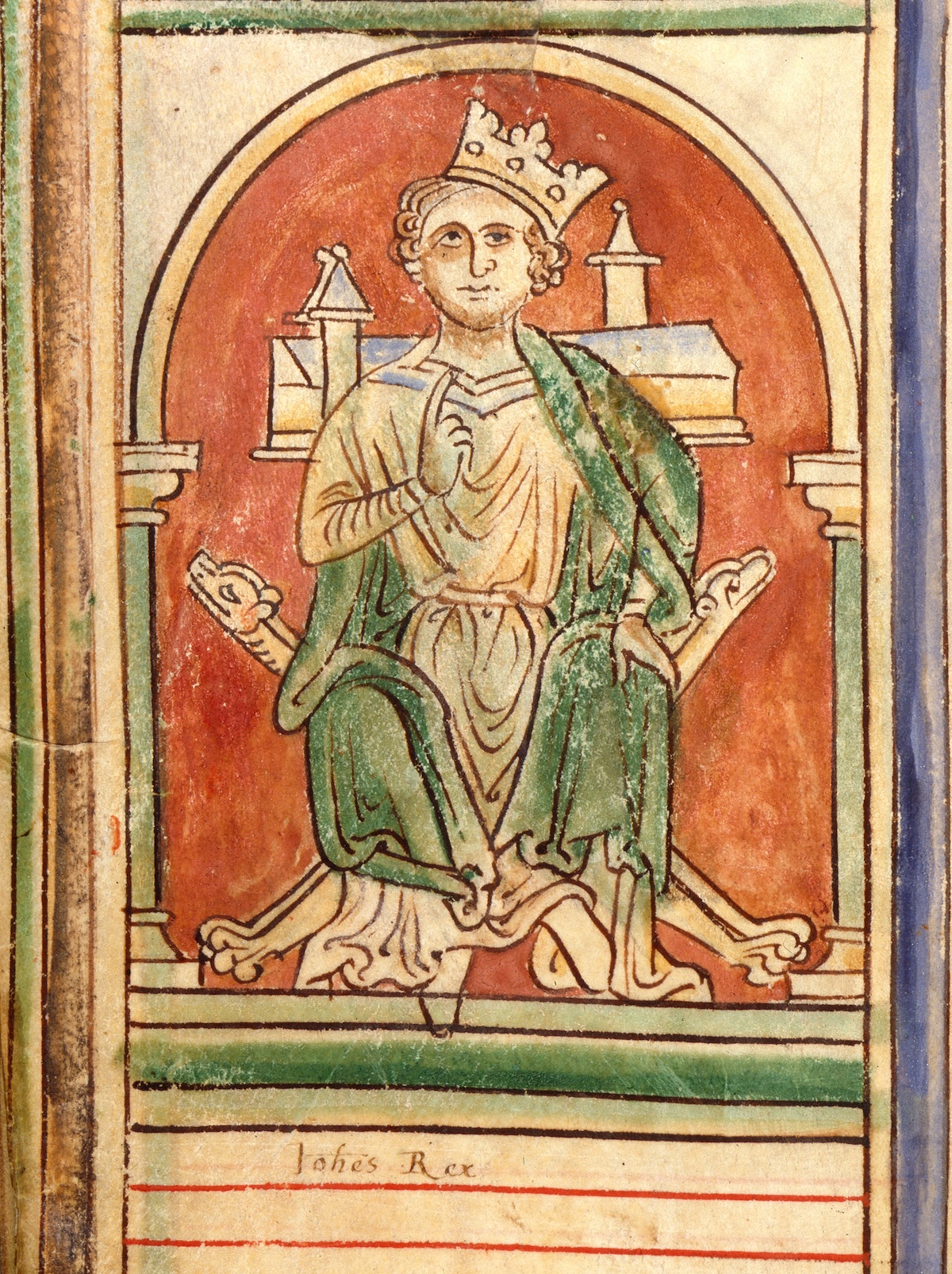 King John with his unsteady crown, from Matthew Paris’ Chronicle of England, c.1250. British Library/Bridgeman Images. King John with his unsteady crown, from Matthew Paris’ Chronicle of England, c.1250. British Library/Bridgeman Images.