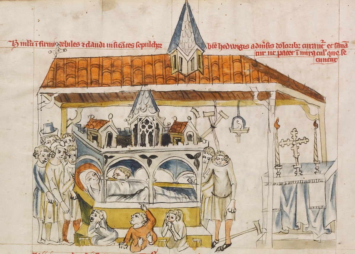 The sick, the leprous, and the lame praying at Saint Hedwig's tomb, from the Vita beatae Hedwigis, 1353. The J. Paul Getty Museum, Los Angeles, Ms. Ludwig XI 7, fol. 87v, 83.MN.126.87v. Public Domain. The sick, the leprous, and the lame praying at Saint Hedwig's tomb, from the Vita beatae Hedwigis, 1353. The J. Paul Getty Museum, Los Angeles, Ms. Ludwig XI 7, fol. 87v, 83.MN.126.87v. Public Domain.