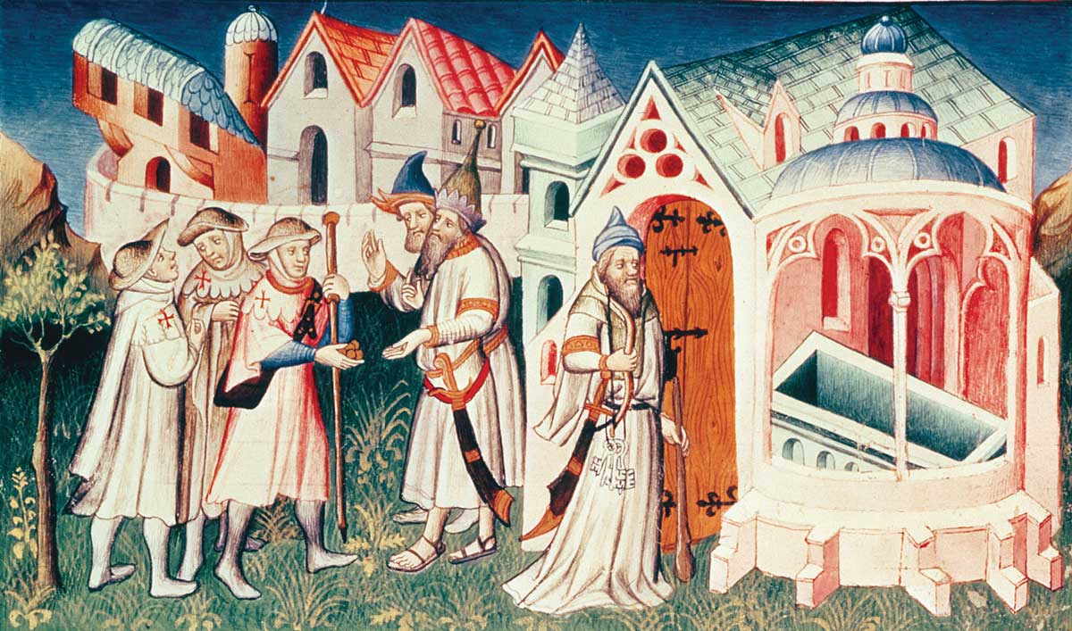 Pilgrims in front of the Church of the Holy Sepulchre in Jerusalem, from Liber peregrinationis, French, c.1410 © Bridgeman Images. © Bridgeman Images