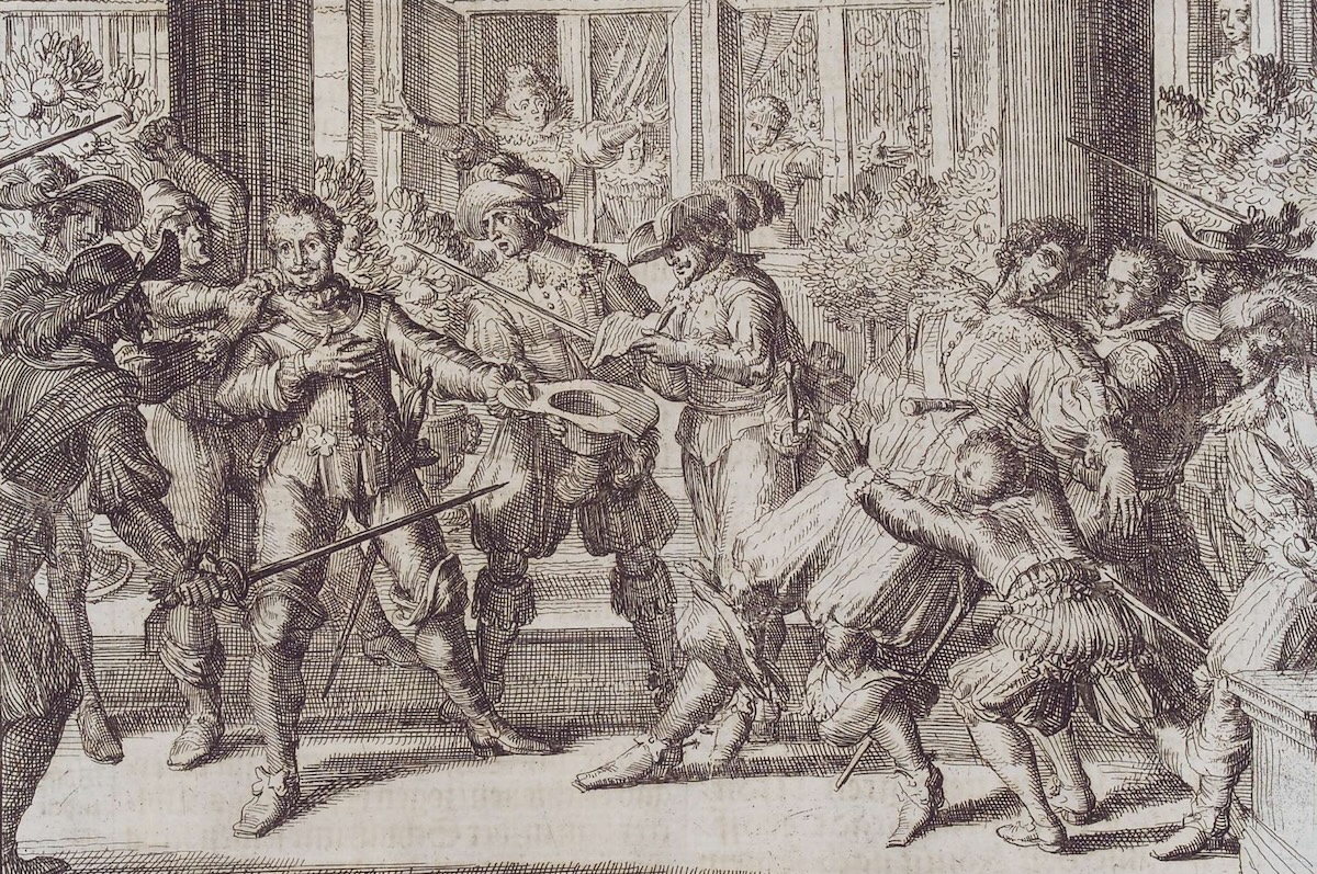 The assassination of George Villiers, the duke of Buckingham, and favourite to King James IV and I, by Romeyn de Hooghe, 1699. Herzog August Library. Public Domain. The assassination of George Villiers, the duke of Buckingham, and favourite to King James IV and I, by Romeyn de Hooghe, 1699. Herzog August Library. Public Domain.