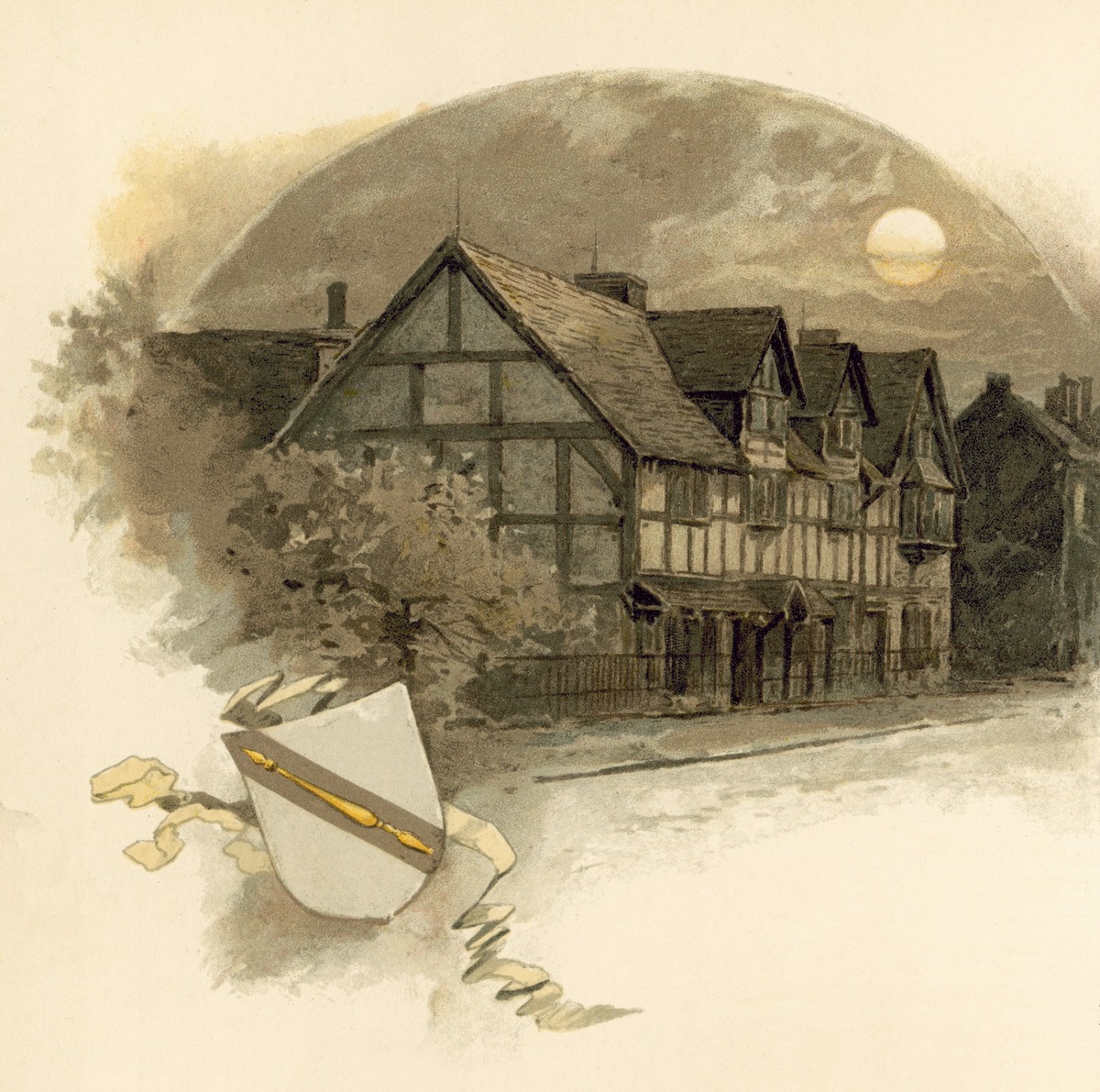 William Shakespeare’s birthplace on Henley Street, Stratford-upon-Avon, from Shakespeare and his Birthplace, by Emma Marshall, 1890. Look and Learn/Bridgeman Images. William Shakespeare’s birthplace on Henley Street, Stratford-upon-Avon, from Shakespeare and his Birthplace, by Emma Marshall, 1890. Look and Learn/Bridgeman Images.