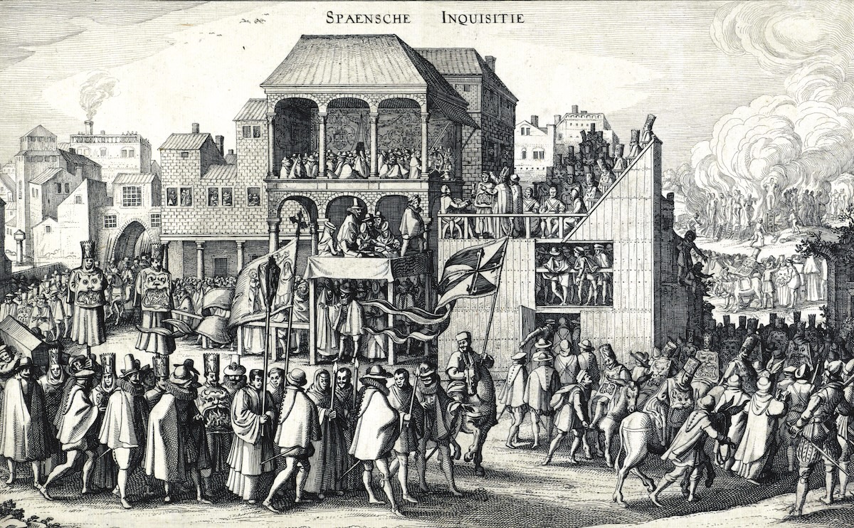 An auto de fe in Valladolid, 1558. Print attributed to Claes Visscher, 1596-1652. Metropolitan Museum of Art, New York. Public Domain. An auto de fe in Valladolid, 1558. Print attributed to Claes Visscher, 1596-1652. Metropolitan Museum of Art, New York. Public Domain.