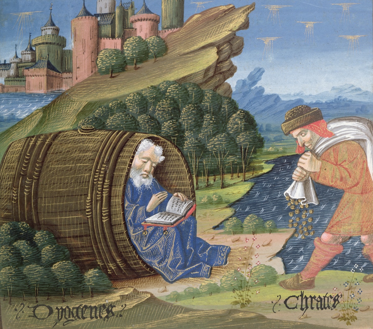 Diogenes in the Book of Good Morals, by Jacques le Grant, 15th century. Musée Condé, Chantilly/Bridgeman Images. Diogenes in the Book of Good Morals, by Jacques le Grant, 15th century. Musée Condé, Chantilly/Bridgeman Images.