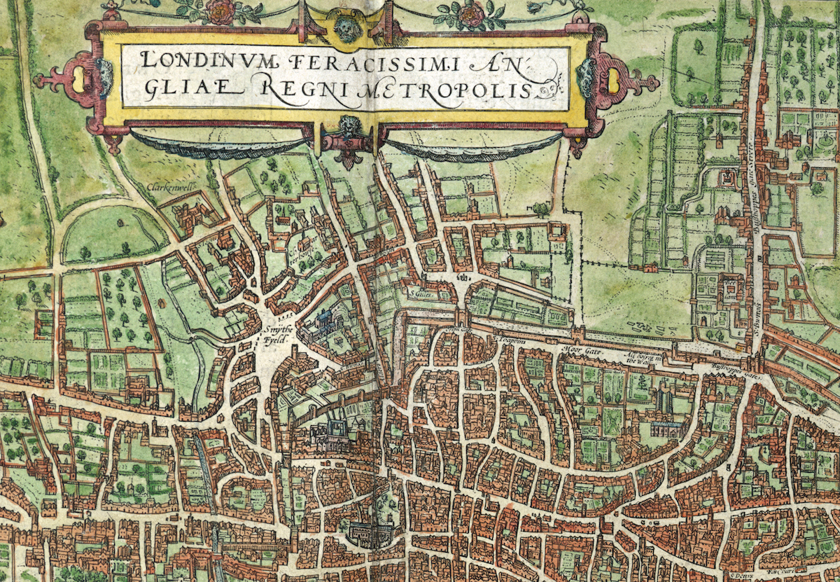 Map of London from Civitates orbis terrarum, by Braun & Hogenberg, 1600-23. British Library/Bridgeman Images. Map of London from Civitates orbis terrarum, by Braun & Hogenberg, 1600-23. British Library/Bridgeman Images.