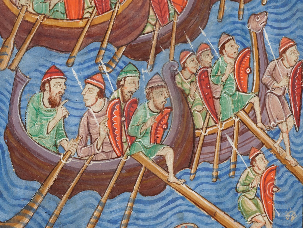 The Danish fleet, from the Miscellany on the life of St. Edmund, Bury St Edmunds, c.1130. Bridgeman Images. The Danish fleet, from the Miscellany on the life of St. Edmund, Bury St Edmunds, c.1130. Bridgeman Images.