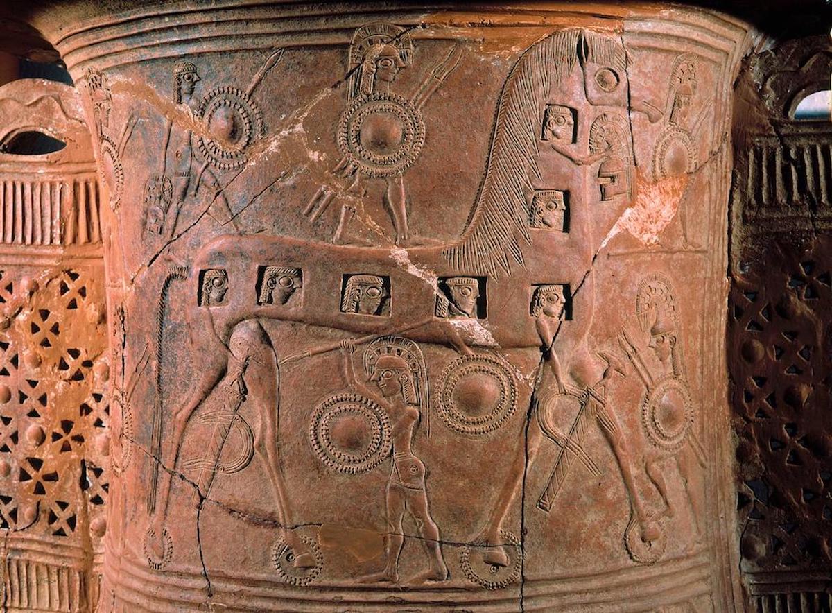 The Trojan Horse on the Mykonos Vase, c.675 BC. akg-images. The Trojan Horse on the Mykonos Vase, c.675 BC. akg-images.