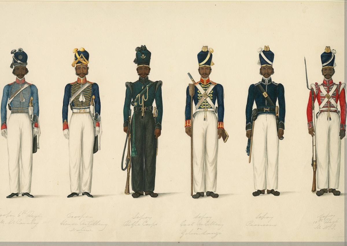 A watercolour of uniforms worn by sepoys of the Madras army of the British East India Company, c. 1825. Prints, Drawings and Watercolors from the Anne S.K. Brown Military Collection. Brown Digital Repository. Brown University Library. Public Domain. A watercolour of uniforms worn by sepoys of the Madras army of the British East India Company, c. 1825. Prints, Drawings and Watercolors from the Anne S.K. Brown Military Collection. Brown Digital Repository. Brown University Library. Public Domain.