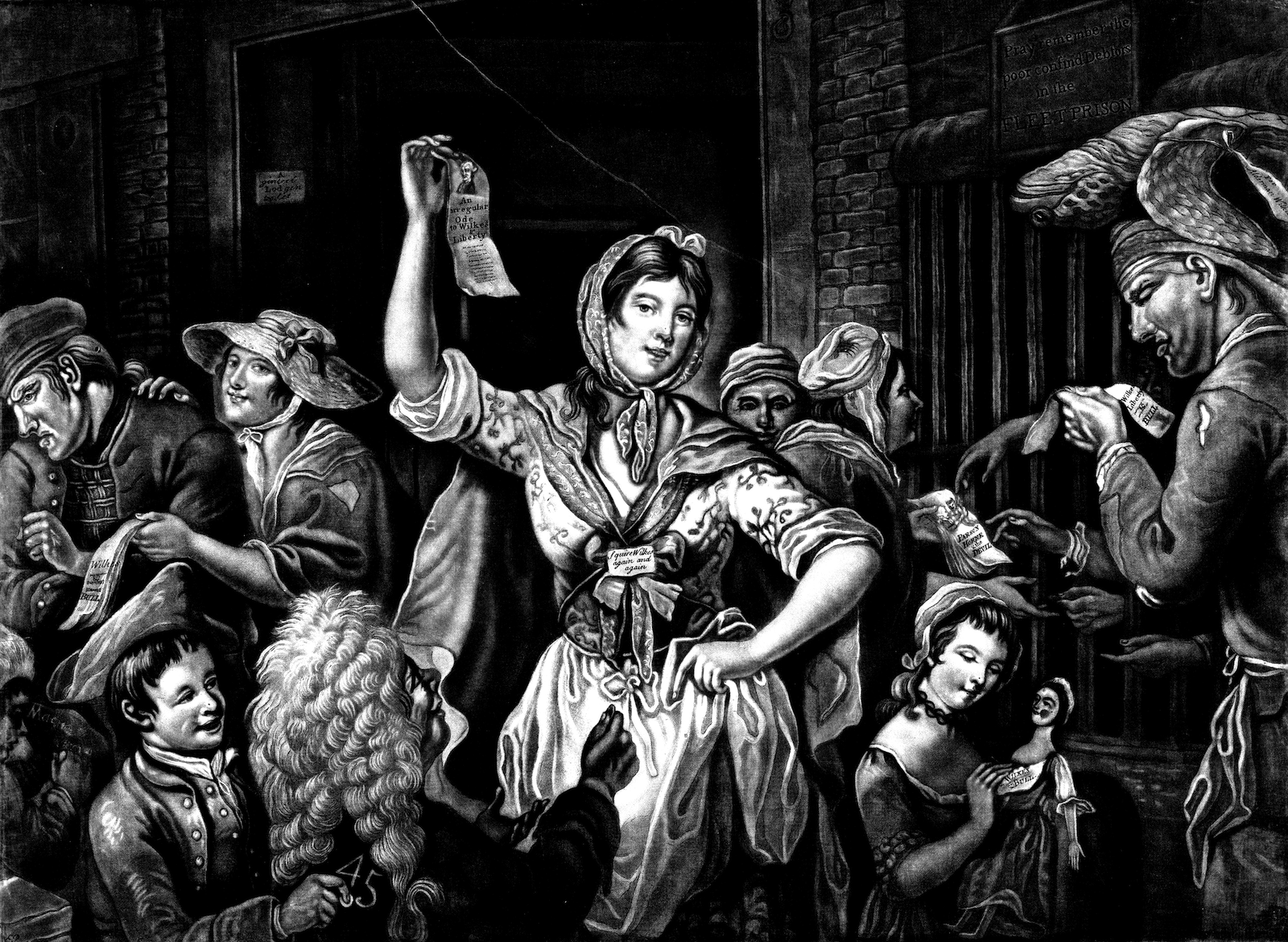 John Wilkes’ ‘45’ being chalked onto clothing, The City Chanters, by Samuel Okey, 1771. Yale Center for British Art, Paul Mellon Collection, B1978.43.199. John Wilkes’ ‘45’ being chalked onto clothing, The City Chanters, by Samuel Okey, 1771. Yale Center for British Art, Paul Mellon Collection, B1978.43.199.